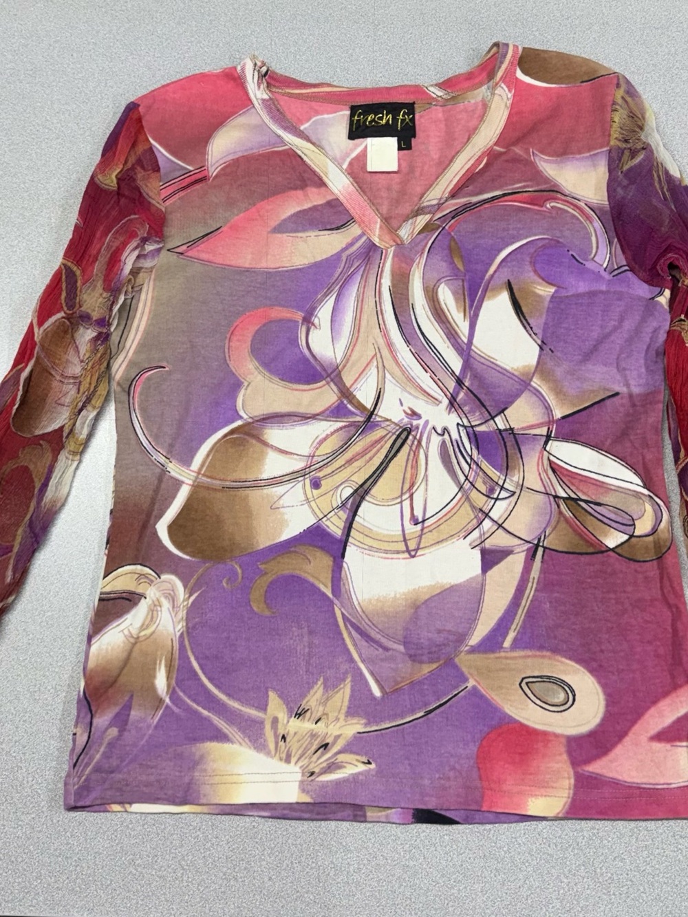 Fresh FX Women's Pink & Purple Floral V-Neck Top Y2K Bohemian Fairycore